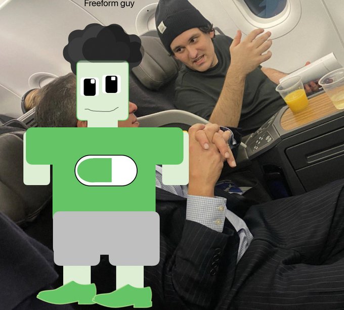A meme image labeled "Freeform guy" shows two men on an airplane, with a cartoon character in green edited over one passenger's face.