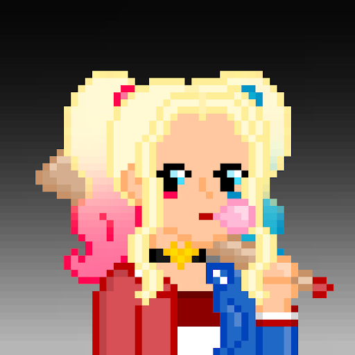 A pixel art character of a blonde-haired girl with blue eyes wearing a red dress and blue jacket, holding a pink flower, set against a gray gradient background.
