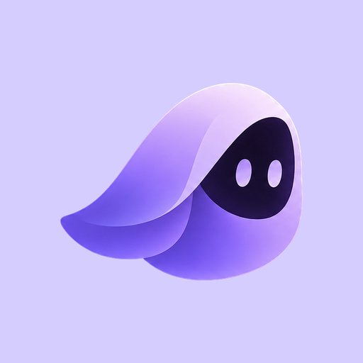 A stylized purple ghost or spirit mascot with glowing eyes set against a light lavender background.