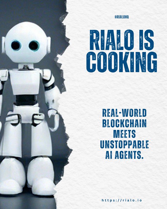 A promotional graphic for Rialo featuring a robot figure and the text 'RIALO IS COOKING — REAL-WORLD BLOCKCHAIN MEETS UNSTOPPABLE AI AGENTS' with the URL https://rialo.io.