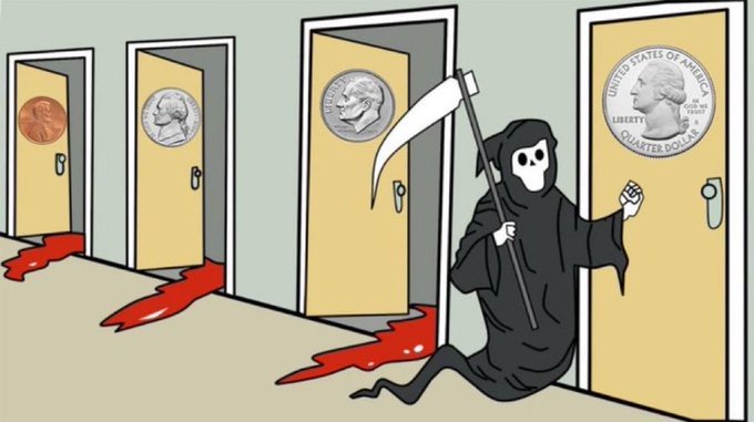 A cartoon shows a grim reaper with a scythe knocking on doors displaying a penny, nickel, and dime, as blood pools from doors marked with larger coins.