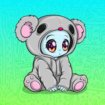 Digital illustration of a cute character wearing a gray koala onesie with pink paw pads, sitting against a teal background with faint letter patterns.