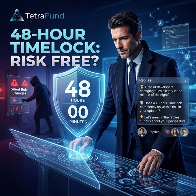 A promotional graphic for 'TetraFund' featuring a man in a suit using a holographic interface, with text reading '48-HOUR TIMELOCK: RISK FREE?' and a countdown timer showing '48 HOURS 00 MINUTES'.