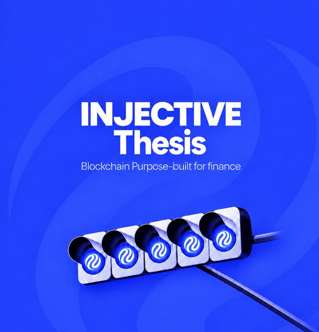 Promotional graphic for Injective Thesis with the tagline 'Blockchain Purpose-built for finance' displayed above five glowing coin slots on a blue background.