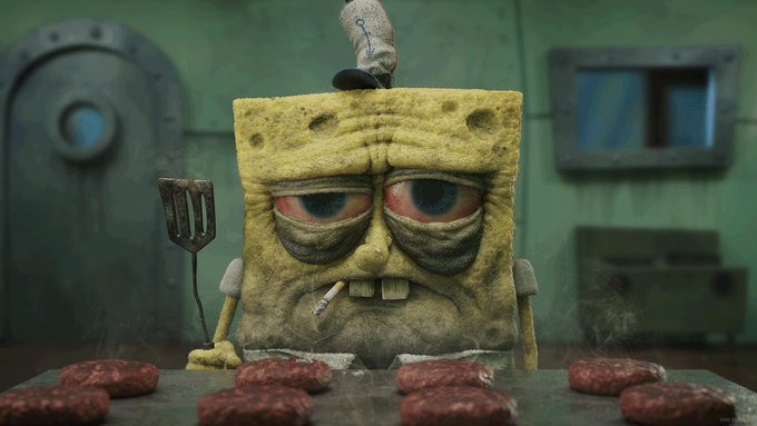 A gritty, photorealistic 3D render shows a weathered SpongeBob SquarePants character looking exhausted and disheveled, wearing a small captain's hat, smoking a cigarette, and holding a spatula, with raw burger patties cooking on a grill before him. The dark, grimy aesthetic and "Four Pairs" watermark in the corner align with the post's cynical tone about projects on the FLAP platform being dismantled.