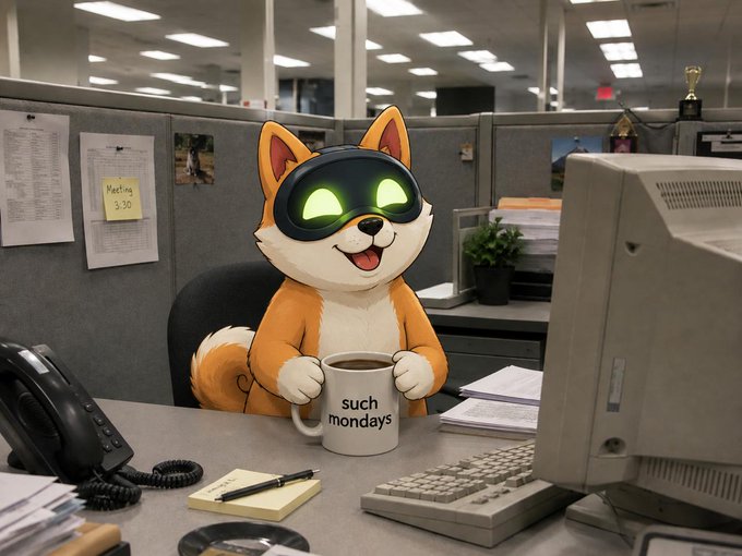 An animated Shiba Inu wearing glowing green goggles sits relaxed at a cubicle desk holding a mug labeled "such mondays," smiling contentedly beside an old CRT monitor and a sticky note marked "Meeting 3:30." The image humorously captures the meme-style "delegating all your tasks to $AI" sentiment, depicting the dog as worry-free and unbothered while machines handle the work.
