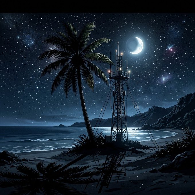 A digital illustration of a beach scene at night featuring a tall communication tower, a silhouetted palm tree, and a crescent moon against a starry sky.