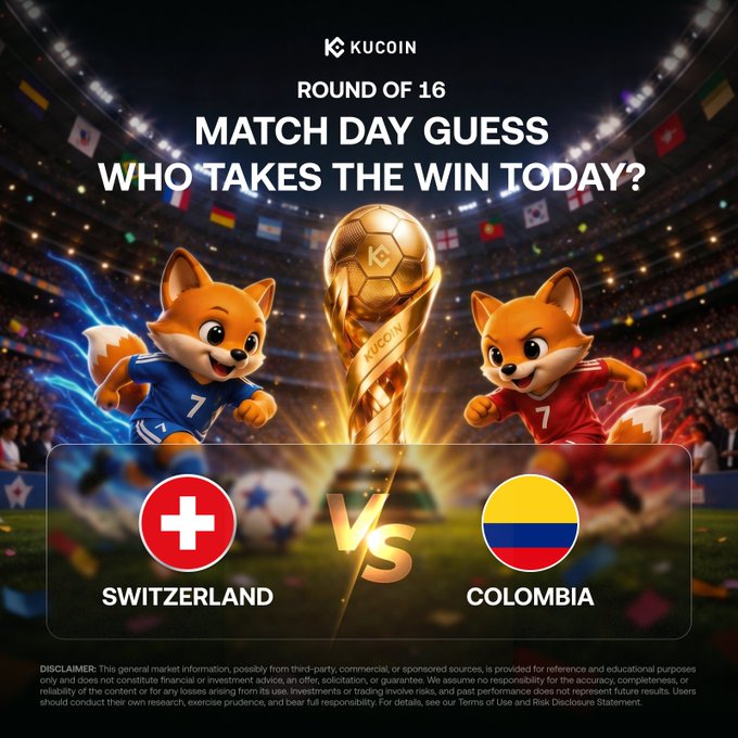 KuCoin promotional graphic for a "Match Day Guess" prediction game featuring Switzerland vs. Colombia in a Round of 16 matchup, displaying two fox mascots in team jerseys alongside a golden trophy, country flags, and a $10,000 airdrop call-to-action.