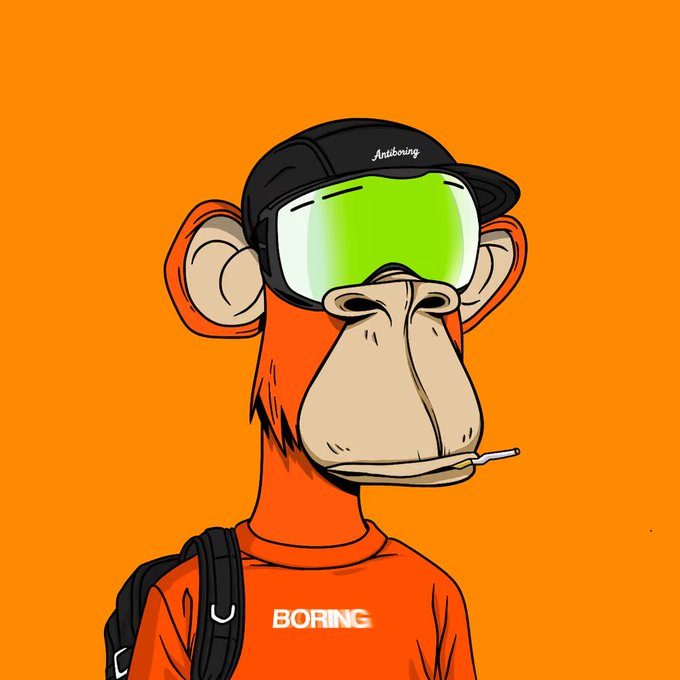A cartoon illustration of an orange monkey character with a black cap labeled 'Antiboring', reflective green visor sunglasses, backpack straps, and a shirt displaying the word 'BORING'.