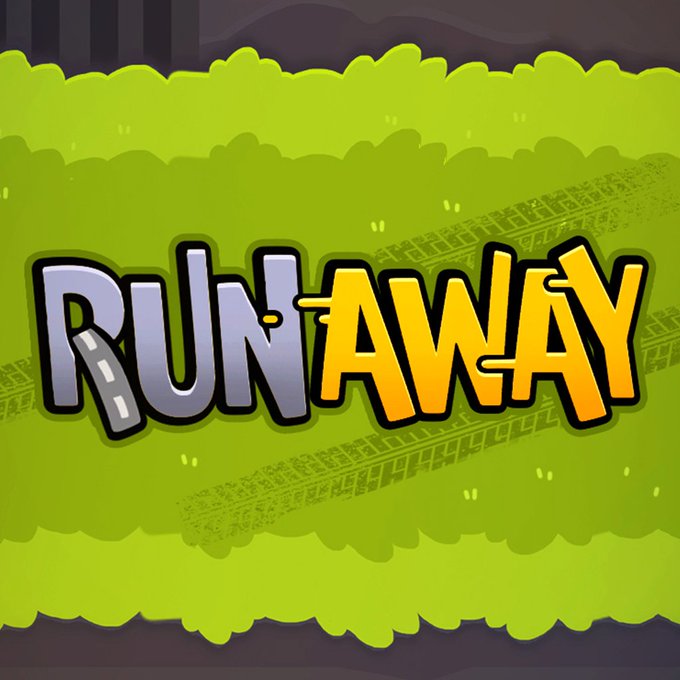 The image shows a vibrant logo for the game "Run-Away," with the title displayed in bold gray and yellow lettering featuring a road design through the letters, set against a green background with a tire track. This logo corresponds to the Devilfish Run-Away tournament promotion, which is offering a $100 USDT prize pool for four winners entering for free on the Devilfish skill games platform.