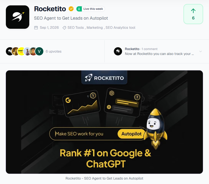 A product launch page for 'Rocketito,' an 'SEO Agent to Get Leads on Autopilot,' featuring an illustration of a rocket mascot, a tagline 'Make SEO work for you,' and bold text reading 'Rank #1 on Google & ChatGPT.'