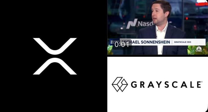 The image displays a collage featuring a man seated behind a television screen with the headline "CRAZY: Grayscale says XRP ETFs could absorb up to 6% of XRP". Below this, there's another image with an X in white letters accompanied by a square box. The first image shows the man at the center, while the second image is located below it and features a box within that contains text about XRP ETFs.
