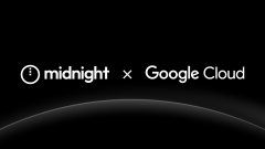 The image displays the logos of "midnight" and "Google Cloud" separated by an "×" symbol on a black background, visually representing the partnership between the two companies referenced in the post about Google Cloud's role as a validator and security provider for the Midnight network.