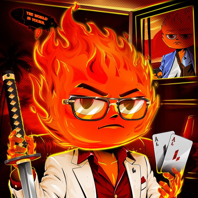 A stylized illustration of a fiery red/orange character with glasses, wearing a white suit, holding a katana in one hand and two aces (A♦, A♥) in the other, with "THE WORLD IS YOURS" written in a speech bubble.