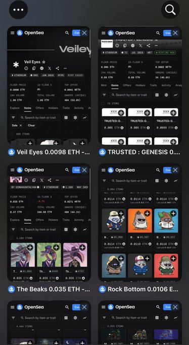 An OpenSea NFT marketplace interface displaying multiple mobile app screenshots for collections including 'Veil Eyes' (0.0098 ETH), 'TRUSTED : GENESIS' (0.003 ETH), 'The Beaks' (0.035 ETH), and 'Rock Bottom' (0.0106 ETH).