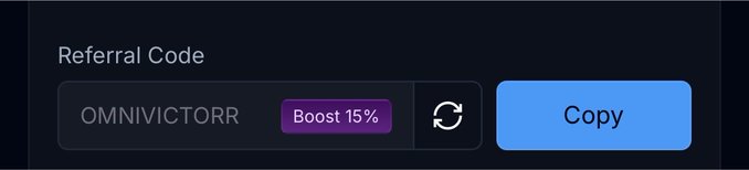 A screenshot of a digital referral code 'OMNIVICTORR' with a 'Boost 15%' tag and a blue 'Copy' button.