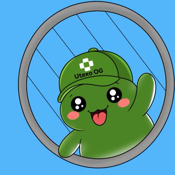 A cartoon green blob character wearing a cap labeled 'Utexo OG' waving from inside a circular porthole window against a blue sky background.