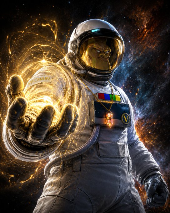 A digital illustration of an astronaut in a spacesuit reaching forward with a glowing energy orb in their hand, set against a vibrant cosmic background with golden light effects.