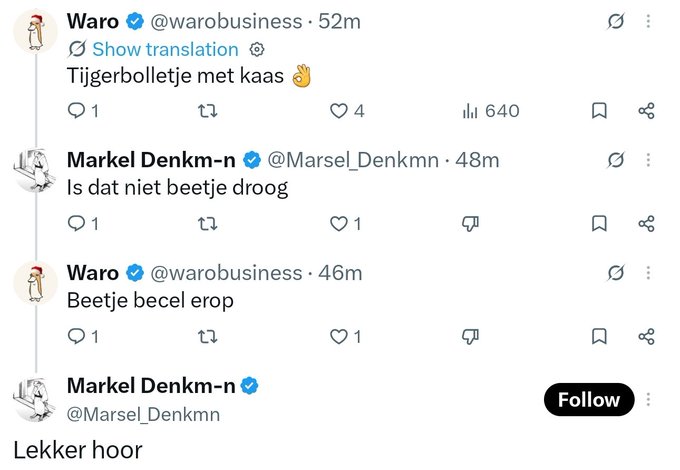 Twitter exchange between verified users @warobusiness and @Marsel_Denkmn with the messages: 'Tijgerbolletje met kaas', 'Is dat niet beetje droog', 'Beetje becel erop', and 'Lekker hoor'.