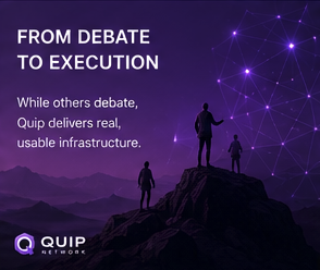 The image features a group of people standing on top of a mountain, with a purple sky as their backdrop. The text at the bottom of the image reads "From Debate To Execution" and "While others debate, Quip delivers real, usable infrastructure". This suggests that the image is related to a discussion or decision-making process involving the use of technology and communication tools for efficient collaboration and problem-solving.