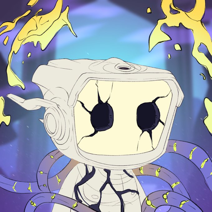 A cartoonish illustration of a damaged white robot with cracked black eyes and a broken faceplate, surrounded by purple tentacles with yellow spots and floating yellow shapes against a purple background.