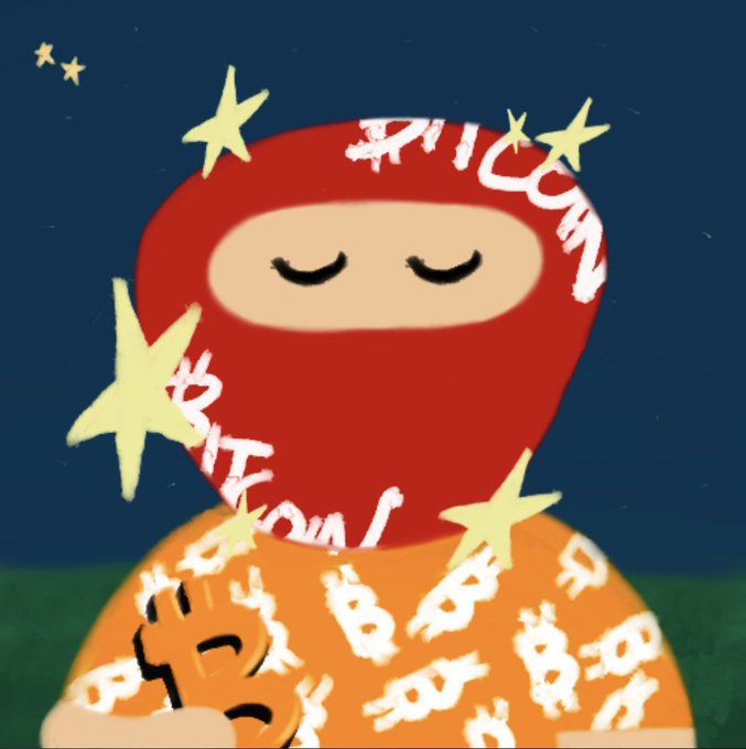 A child-like drawing of a figure with a Bitcoin logo on their shirt, surrounded by stars and the word 'BITCOIN' repeated across the image.