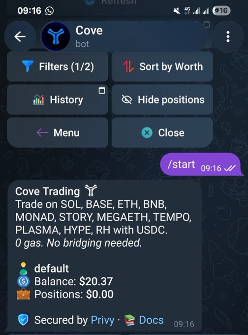 A Telegram interface showing a chat with the Cove trading bot, which lists supported chains including SOL, BASE, ETH, BNB, and MONAD, displaying a default balance of $20.37 and $0.00 in positions.