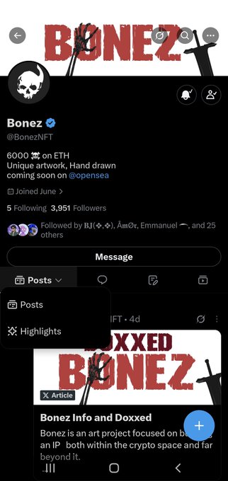 A Twitter/X profile for Bonez (@BonezNFT), verified, with 3,951 followers, promoting 6000 NFTs on ETH with hand-drawn unique artwork coming soon on OpenSea.