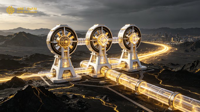 A futuristic AI-powered pipeline network glows with golden energy streams flowing through three large circular nodes, symbolizing interconnected systems. The "Arkie AI" logo and partial text "Data-the-ru..." appear in the top-left corner, reinforcing the theme of Arkie AI App's intelligent execution network that links AI agents across workflows.