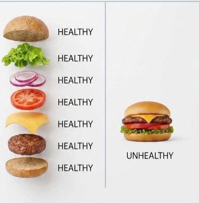 The image is a satirical meme showing individual burger ingredients (bun, lettuce, onion, tomato, cheese, patty, bun) each labeled "HEALTHY," while the assembled burger on the right is labeled "UNHEALTHY." The accompanying caption "Someone please explain this" humorously highlights the irony that the same nutritious components somehow become unhealthy only when combined into a burger.