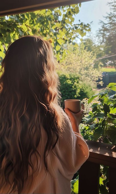 The image shows a woman with long brown hair standing near a window, holding a cup of coffee or tea. She appears to be looking out at the trees outside while enjoying her beverage. The scene suggests that she might be taking a moment to relax and appreciate the view before starting her day.