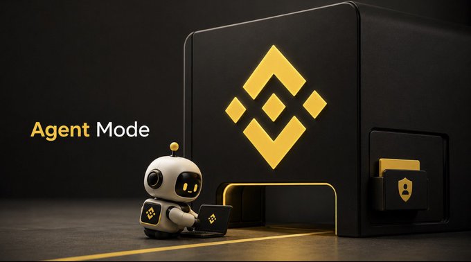 The image displays a sleek black 3D-rendered cube featuring the yellow Binance logo, accompanied by a small white robot character holding a laptop with the Binance symbol, next to the text "Agent Mode." This visual directly illustrates the accompanying post's announcement about Binance's new Agent OS, which allows AI agents to connect directly with the Binance platform for trading, wallets, and market data.