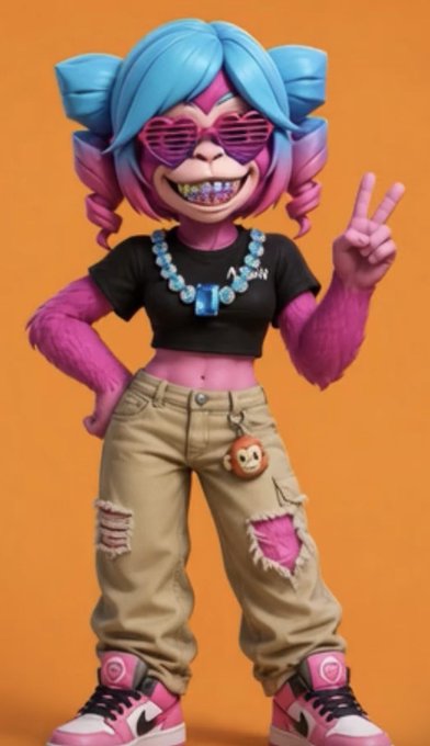 A vibrant 3D cartoon character with pink skin, blue pigtails, heart-shaped sunglasses, a crop top, and ripped pants flashes a peace sign against an orange background.