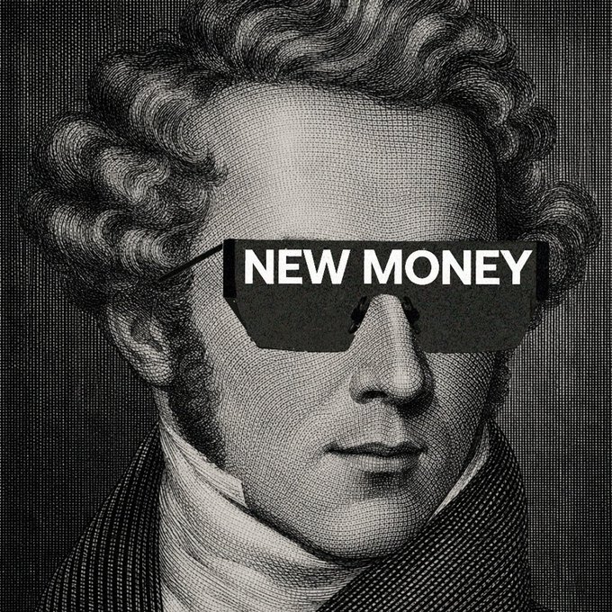 A classical engraved portrait of a gentleman has been humorously edited with modern sunglasses displaying the bold text "NEW MONEY," visually playing on the post's message about confidently trading with a MiCA-authorized platform and unlocking an 8% deposit bonus.