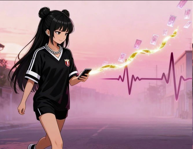 An anime-style illustration of a girl with black hair in a sports jersey walking while looking at her phone, with a magical trail of pink cards and a heartbeat line emerging from the screen against a pink sky.