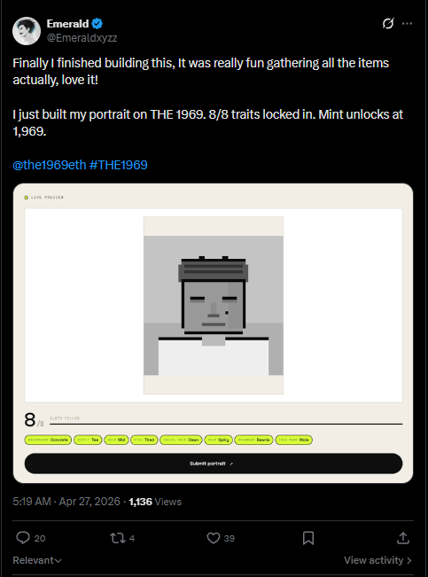 A tweet from Emerald (@emeraldoxyzz) showing a pixelated portrait NFT on @the1969eth. The text reads: 'Finally I finished building this, it was really fun gathering all the items actually, love it! I just built my portrait on THE 1969. 8/8 traits locked in. Mint unlocks at 1,969.'