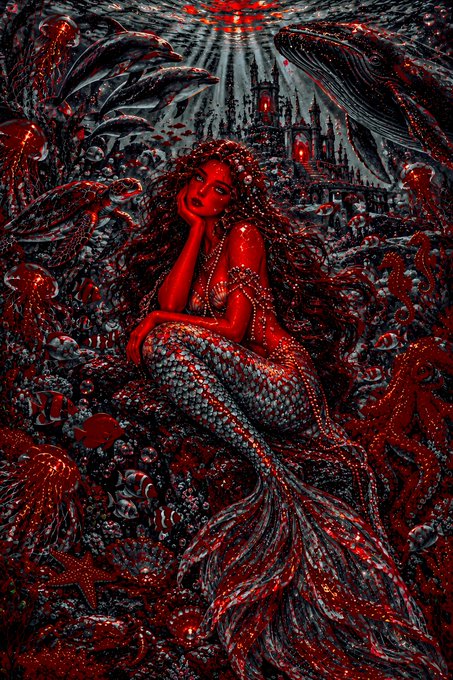 A highly stylized, dark fantasy artwork featuring a red-skinned mermaid sitting among skulls and sea creatures with a gothic castle in the background.