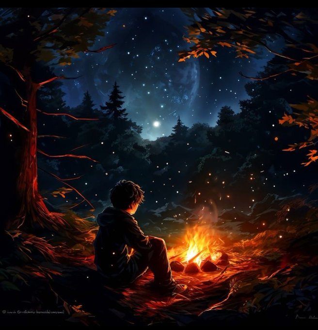A boy sits by a glowing campfire in a dark forest, gazing up at a starry, moonlit sky that seems to swirl with cosmic light.

The image perfectly captures the "Night" theme of the post, evoking a peaceful, restful mood that mirrors the message of saying goodnight and sleeping well.