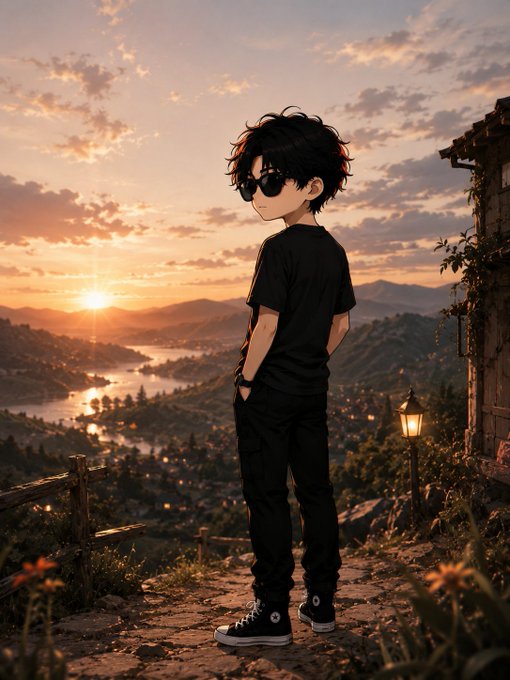 An anime-style boy with dark hair and sunglasses in a black outfit stands on a hill overlooking a scenic lake valley at sunset.