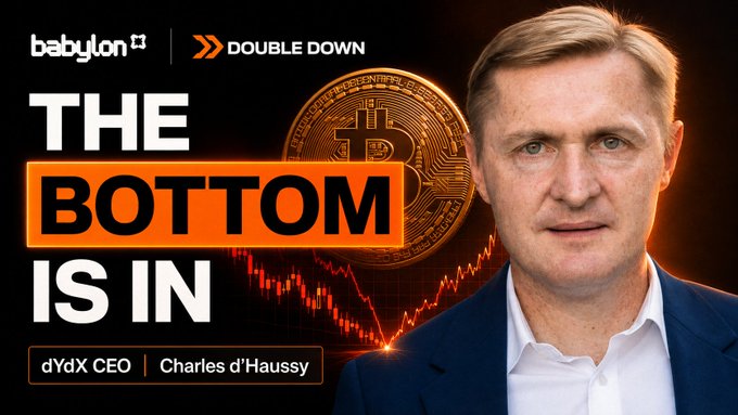 A promotional graphic for Double Down features dYdX CEO Charles d'Haussy alongside a Bitcoin graphic and red crash chart, with bold text declaring "THE BOTTOM IS IN," visually reinforcing his bullish take on Bitcoin's recent crash shared in the interview.