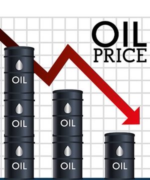 The image features a line graph that represents an oil price decline against a red arrow pointing downwards, suggesting a decrease in oil prices over time. There are three barrels of oil stacked vertically next to each other at the bottom part of the graph, representing different levels of oil supply, and an upward-pointing arrow indicates how much lower those levels become as the oil prices drop. The text on the image says "oil price" at the top, a common identifier for the subject being discussed. This visual representation helps convey that there is a connection between the decline in oil prices and its potential impact on various sectors of the economy or financial markets.