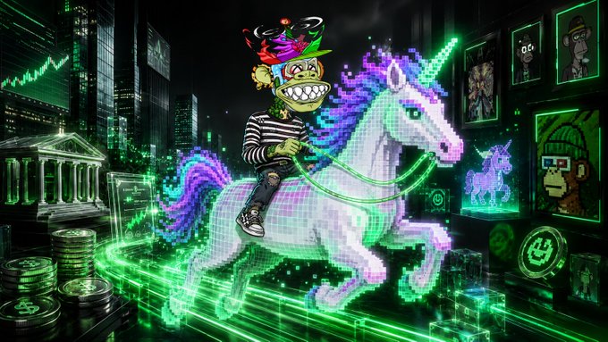 A digital illustration depicting a cartoonish figure with a wide grin riding a glowing, pixelated unicorn with a rainbow mane through a green-lit cityscape featuring charts, Bored Ape Yacht Club-style portraits, and stacks of coins.