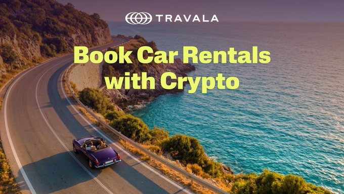 A scenic coastal road with a convertible car driving along the cliffside, overlaid with the Travala logo and text "Book Car Rentals with Crypto" in yellow.