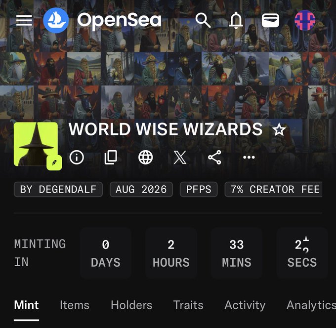 An OpenSea mobile screenshot of the 'WORLD WISE WIZARDS' NFT collection by Degendalf, showing a minting countdown of 0 days, 2 hours, 33 minutes.