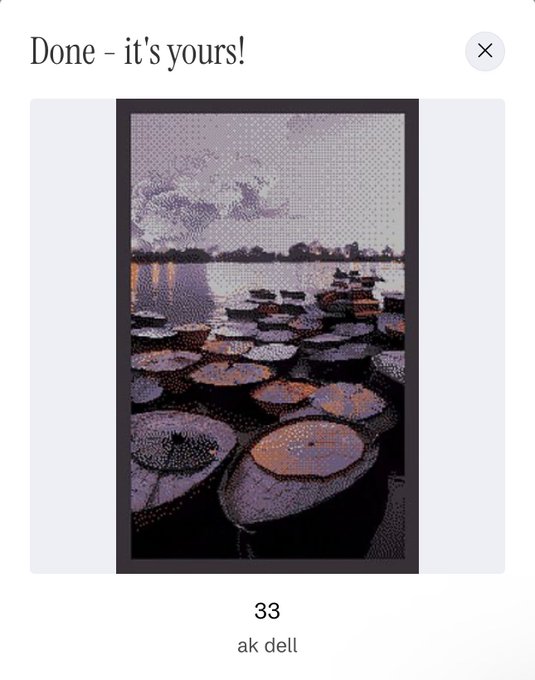 A digital painting titled "33" by ak dell, showing a pond with lily pads rendered in a purple and orange color palette under a cloudy sky.