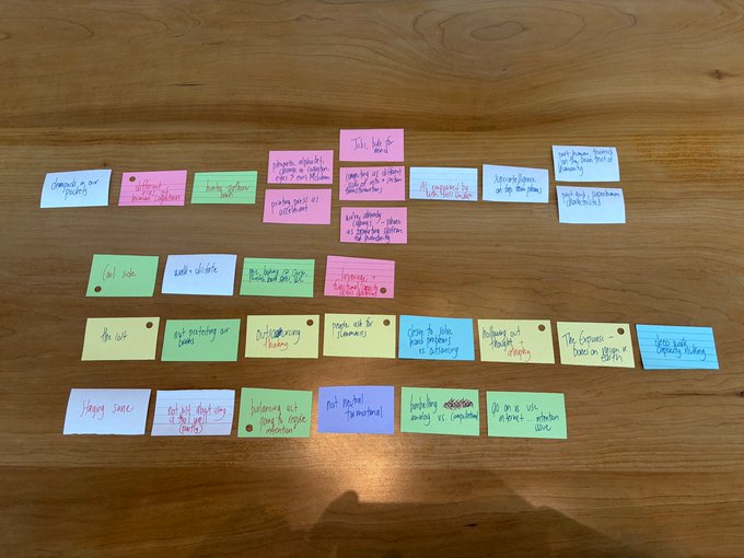 A wooden table displays rows of colorful sticky notes with handwritten phrases like "Cooking in our project," "Early platform love," "Sustainability," "Long sauce," "Postmates," and "Best wishes," visually representing collaborative brainstorming and project planning as "proof of work" in progress.