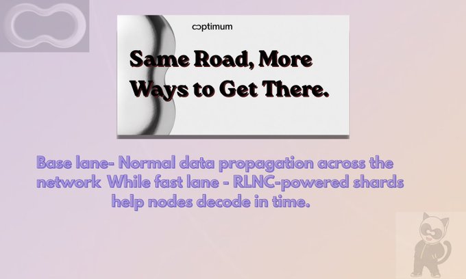 An Optimum-branded slide reads 'Same Road, More Ways to Get There,' explaining base lane normal data propagation versus fast lane RLNC-powered shards for decoding.