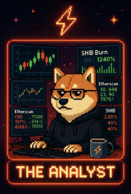 Pixel-art artwork labeled “THE ANALYST” depicts a dog at a trading desk surrounded by crypto charts and readouts including “SHIB Burn,” “Etherscan,” and “SHIB.”