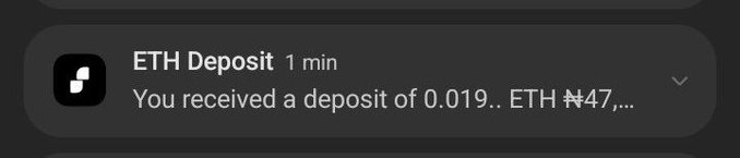 A dark-themed mobile notification from 'ETH Deposit' reads 'You received a deposit of 0.019.. ETH ₦47,...'.