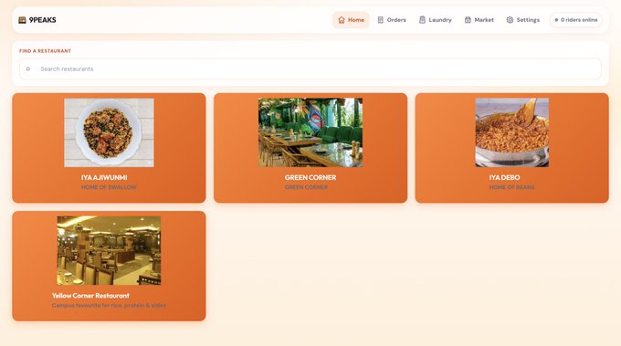 A food ordering website called '9PEAKS' displaying a home page with restaurant options including 'IYA AJUWUNH', 'GREEN CORNER', 'IYA DEBO', and 'Yellow Corner Restaurant'.